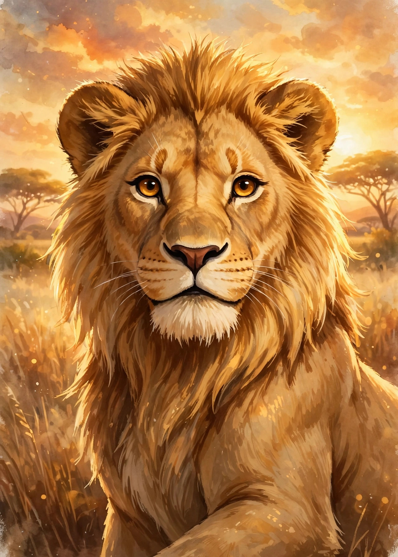 Leo — his trading card, a young lion with brown eyes in golden light