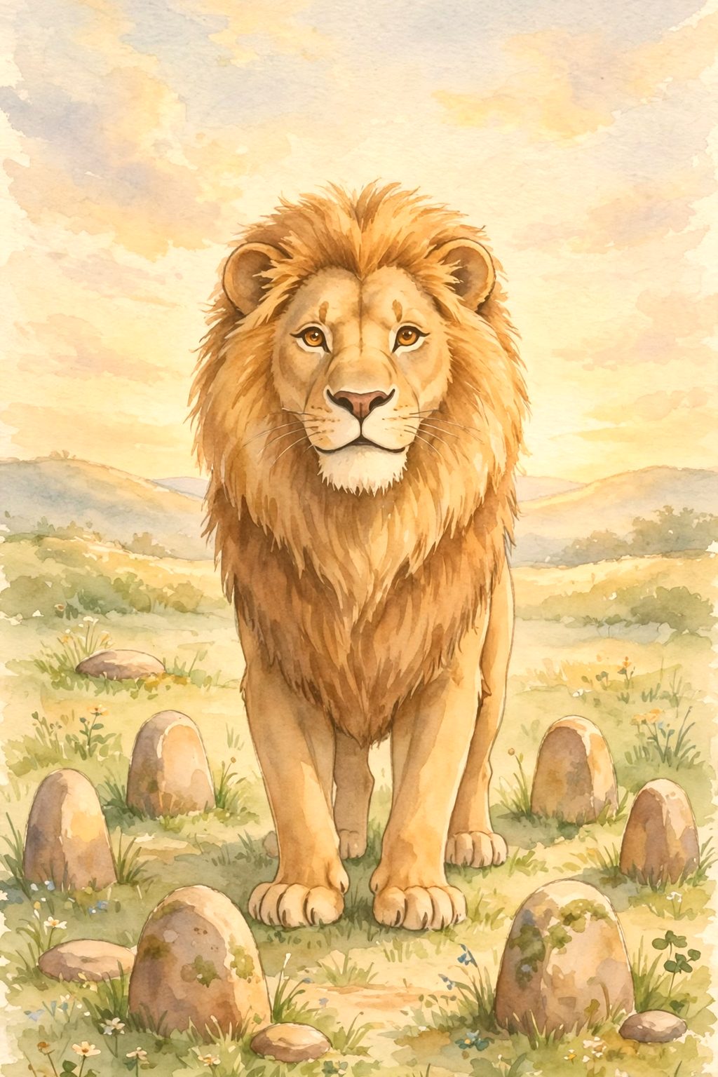 Leo the lion standing in golden morning light among stones