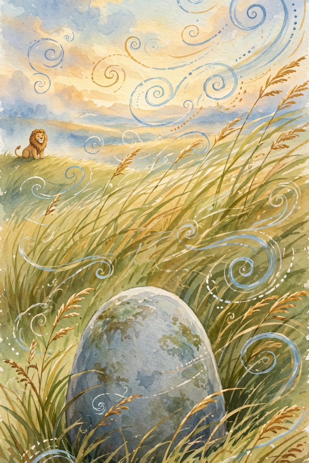Tall grass streaming in the wind around a great smooth stone; Leo watches from the edge