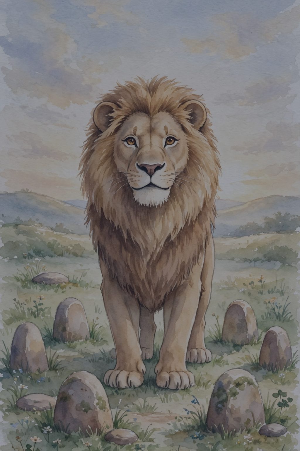 Leo the lion waiting on the training ground in blue pre-dawn light
