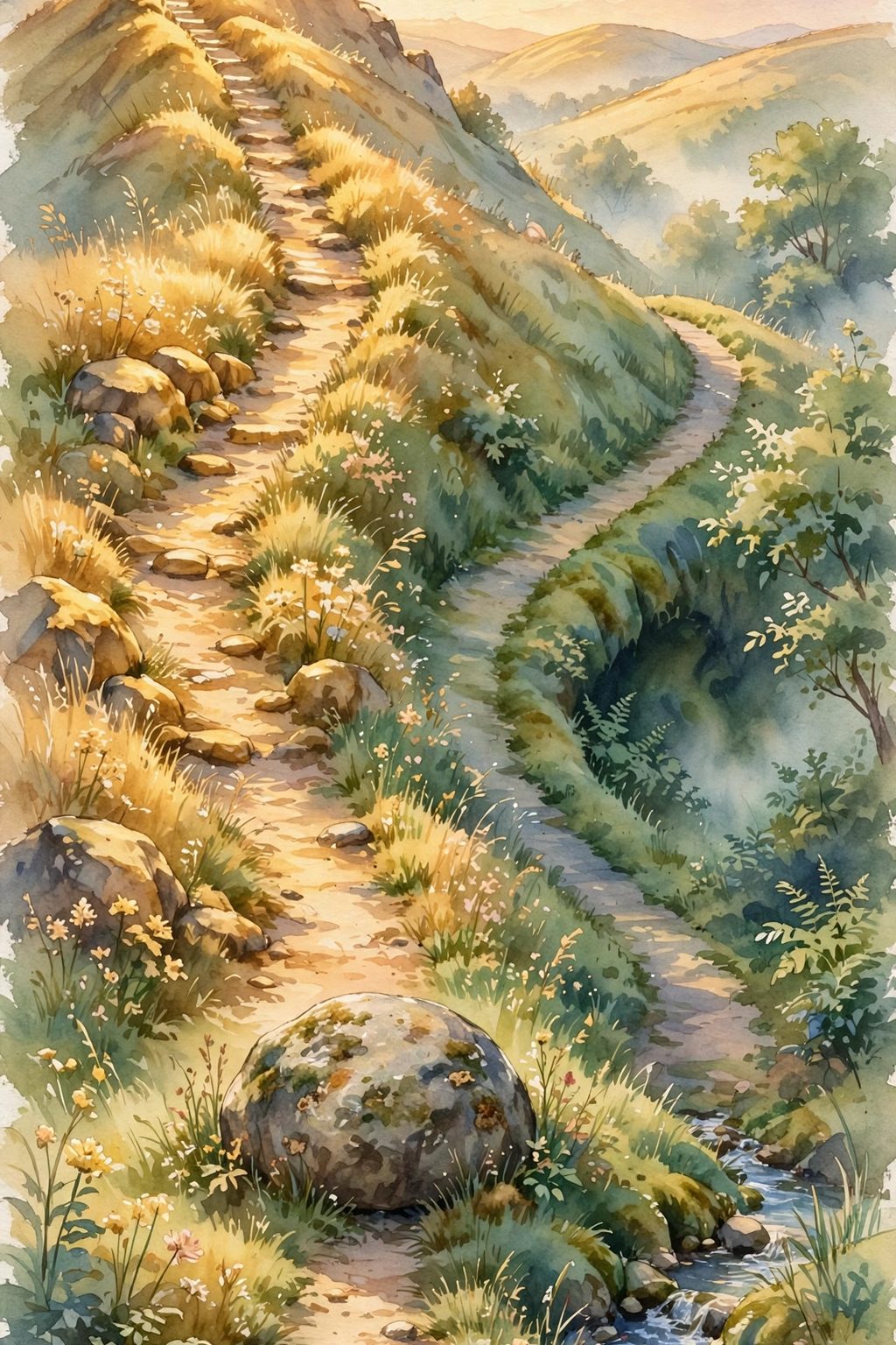 A ridge path splitting around a fork stone: a high sunny way and a low shady way